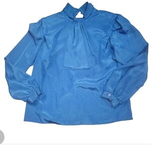 robyn's nest bright blue vintage high neck jabot tie dotted blouse top shirt L
